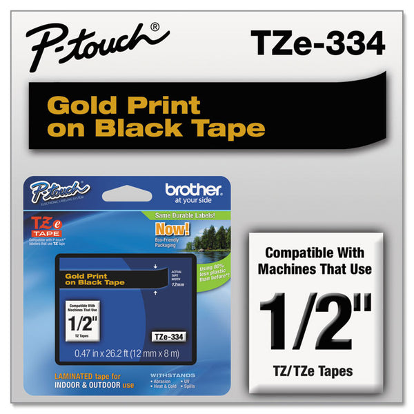 Brother P-Touch® TZe Standard Adhesive Laminated Labeling Tape, 0.47" x 26.2 ft, Gold on Black (BRTTZE334)