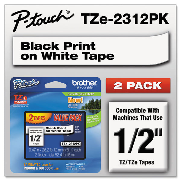 Brother P-Touch® TZe Standard Adhesive Laminated Labeling Tapes, 0.47" x 26.2 ft, Black on White, 2/Pack (BRTTZE2312PK)