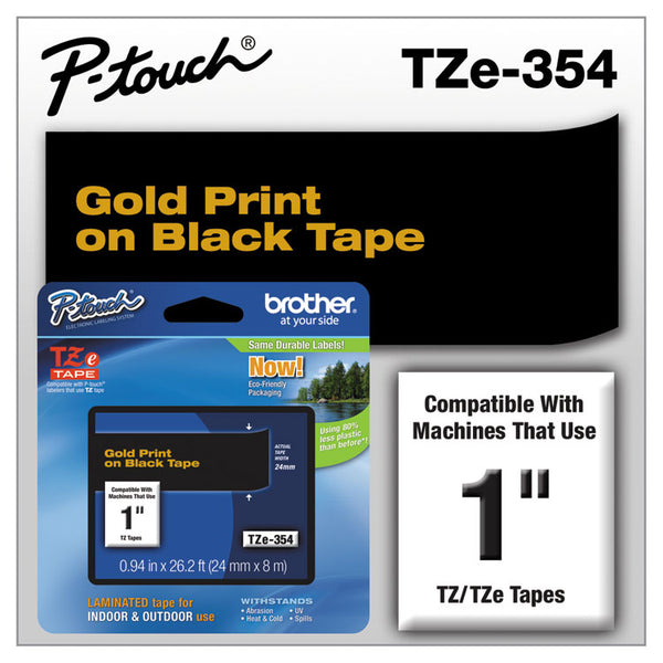 Brother P-Touch® TZe Standard Adhesive Laminated Labeling Tape, 0.94" x 26.2 ft, Gold on Black (BRTTZE354)