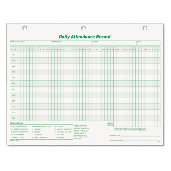 TOPS™ Daily Attendance Card, One-Part (No Copies), 11 x 8.5, 50 Forms Total (TOP3284) Pack of 50