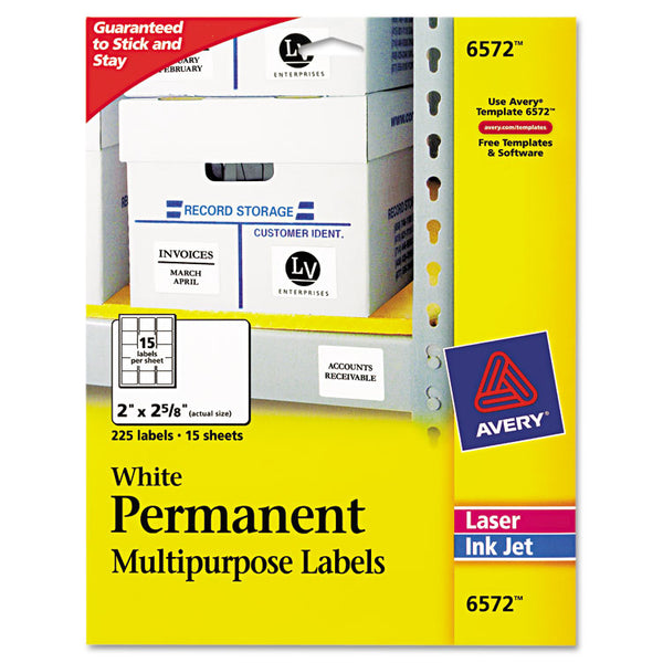 Avery® Permanent ID Labels w/ Sure Feed Technology, Inkjet/Laser Printers, 2 x 2.63, White, 15/Sheet, 15 Sheets/Pack (AVE6572)