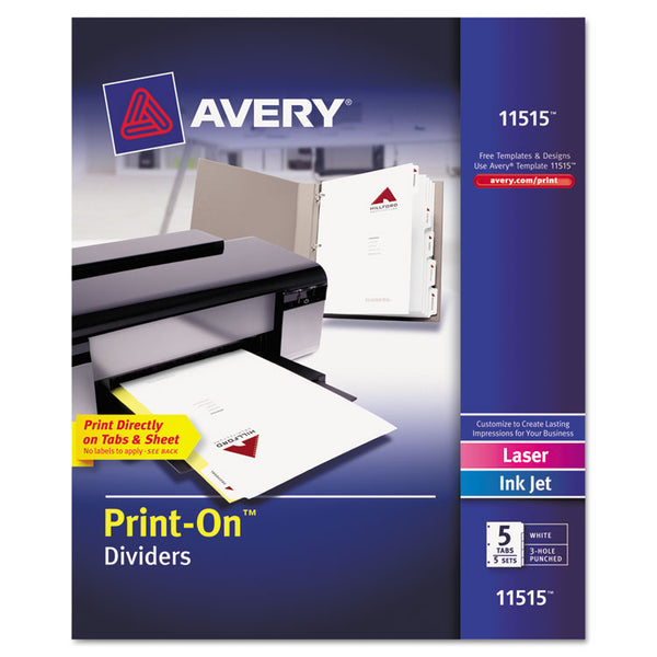 Avery® Customizable Print-On Dividers, 3-Hole Punched, 5-Tab, 11 x 8.5, White, 5 Sets (AVE11515)