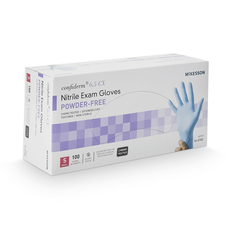 McKesson Confiderm® 6.5CX Exam Glove Small NonSterile Nitrile Extended Cuff Length Textured Fingertips Blue Chemo Tested (921606_CS) 1000/CS