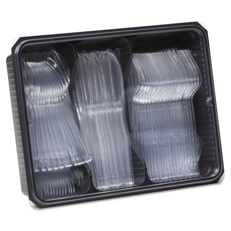 Dixie® Cutlery Keeper Tray with Clear Plastic Utensils: 600 Forks, 600 Knives, 600 Spoons (DXECH0180DX7CT) Case of 10