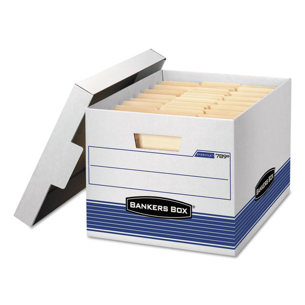 Bankers Box® STOR/FILE Medium-Duty Letter/Legal Storage Boxes, Letter/Legal Files, 12.75" x 16.5" x 10.5", White/Blue, 4/Carton (FEL0078907) Carton of 4 Boxes