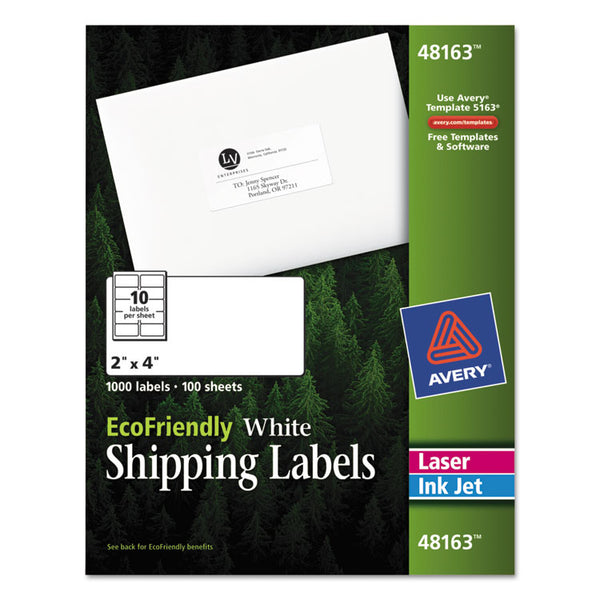 Avery® EcoFriendly Mailing Labels, Inkjet/Laser Printers, 2 x 4, White, 10/Sheet, 100 Sheets/Pack (AVE48163)