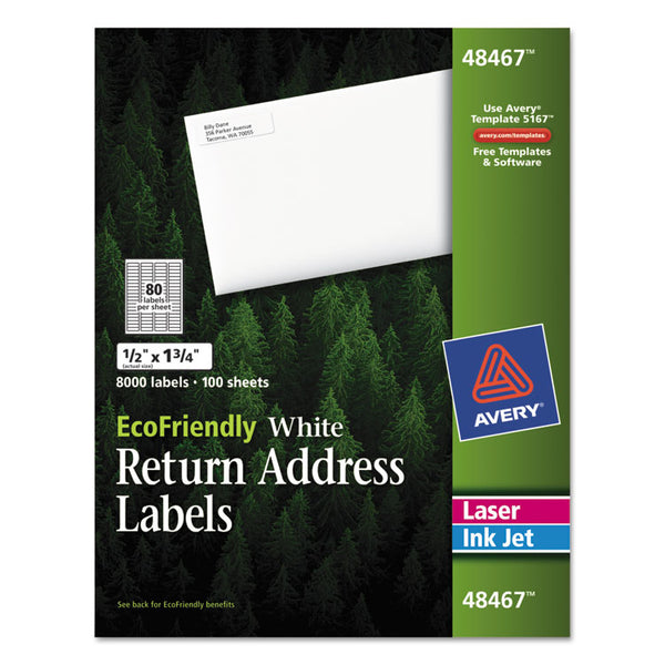 Avery® EcoFriendly Mailing Labels, Inkjet/Laser Printers, 0.5 x 1.75, White, 80/Sheet, 100 Sheets/Pack (AVE48467)