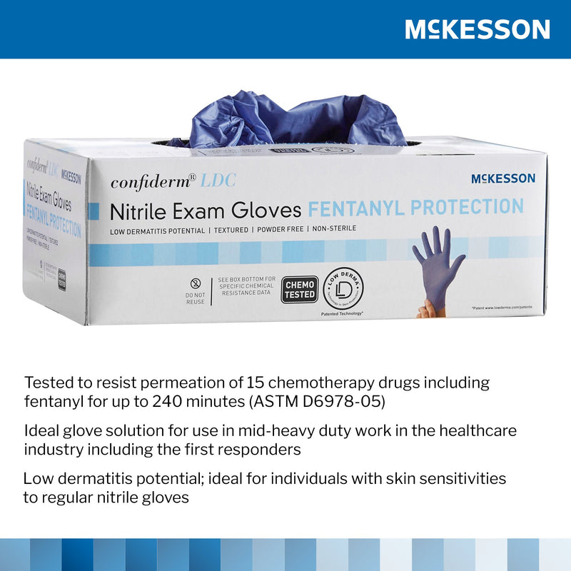 McKesson Confiderm® LDC Exam Glove Small NonSterile Nitrile Standard Cuff Length Fully Textured Blue Chemo Tested / Fentanyl Tested (1159329_CS) 2500/CS