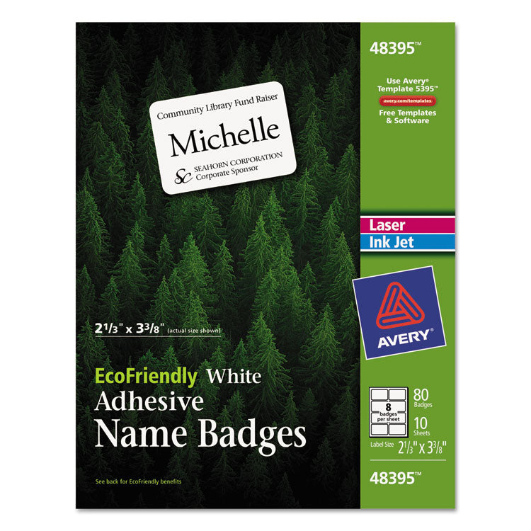 Avery® EcoFriendly Adhesive Name Badge Labels, 3.38 x 2.33, White, 80/Pack (AVE48395)