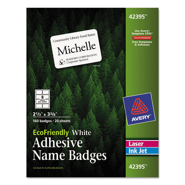 Avery® EcoFriendly Adhesive Name Badge Labels, 3.38 x 2.33, White, 160/Box (AVE42395)