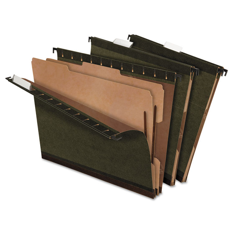 Pendaflex® SureHook Reinforced Hanging Divider Folders, 2" Expansion, 2 Dividers, 4 Fasteners, Letter Size, Green Exterior, 10/Box (PFX59254) Box of 10