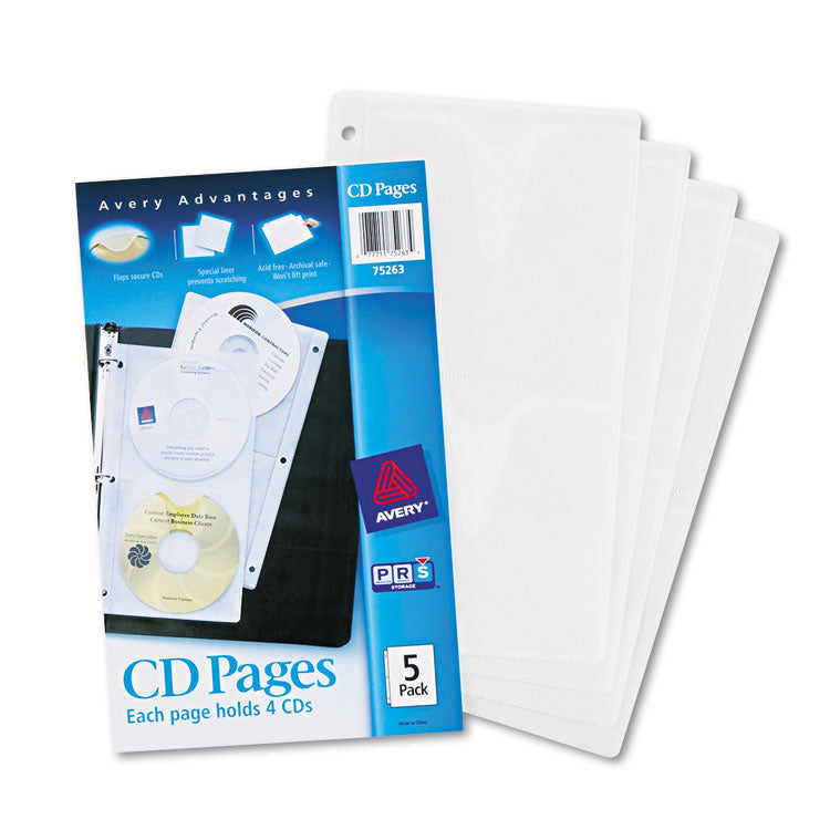 Avery® Two-Sided CD Organizer Sheets for Three-Ring Binder, 4 Disc Capacity, Clear, 5/Pack (AVE75263)