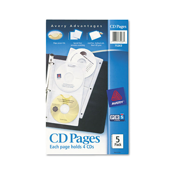 Avery® Two-Sided CD Organizer Sheets for Three-Ring Binder, 4 Disc Capacity, Clear, 5/Pack (AVE75263)