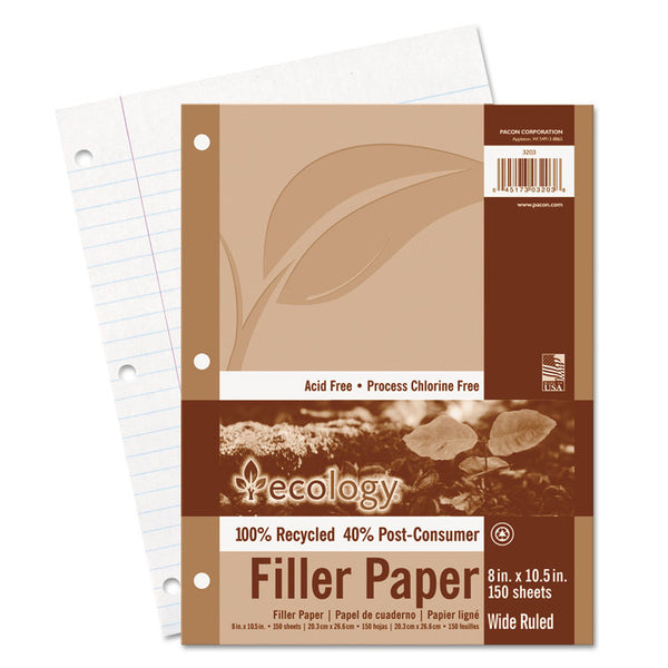 Pacon® Ecology Filler Paper, 3-Hole, 8 x 10.5, Wide/Legal Rule, 150/Pack (PAC3203) Pack of 150