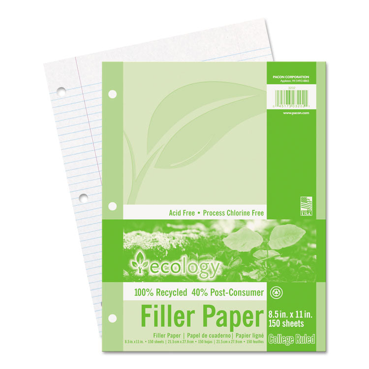 Pacon® Ecology Filler Paper, 3-Hole, 8.5 x 11, Medium/College Rule, 150/Pack (PAC3202) Pack of 150