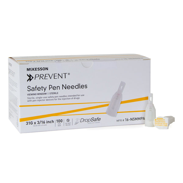 McKesson Safety Insulin Pen Needle 31 Gauge 5 mm Length Automatic Safety Without Back-End Shield (1245154_BX) 100/BX