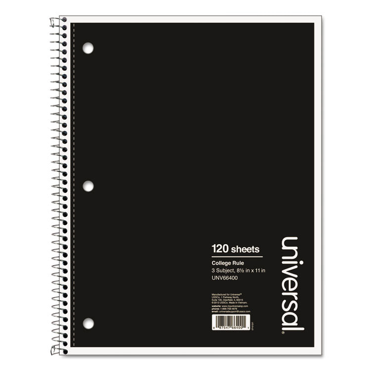 Universal® Wirebound Notebook, 3-Subject, Medium/College Rule, Black Cover, (120) 11 x 8.5 Sheets (UNV66400)