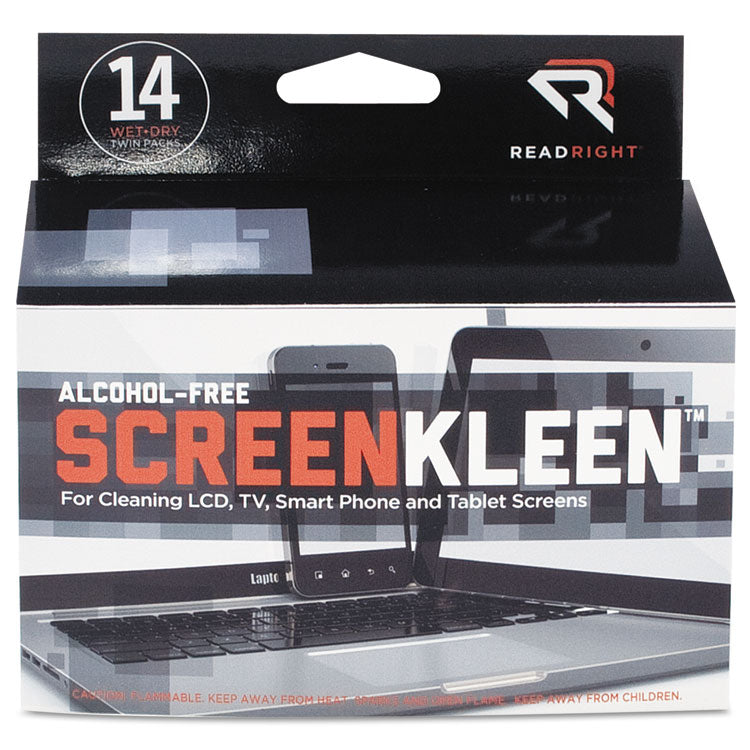 Read Right® ScreenKleen Alcohol-Free Wipes, Cloth, 5 x 5, Unscented, 14/Box (REARR1291) Box of 14