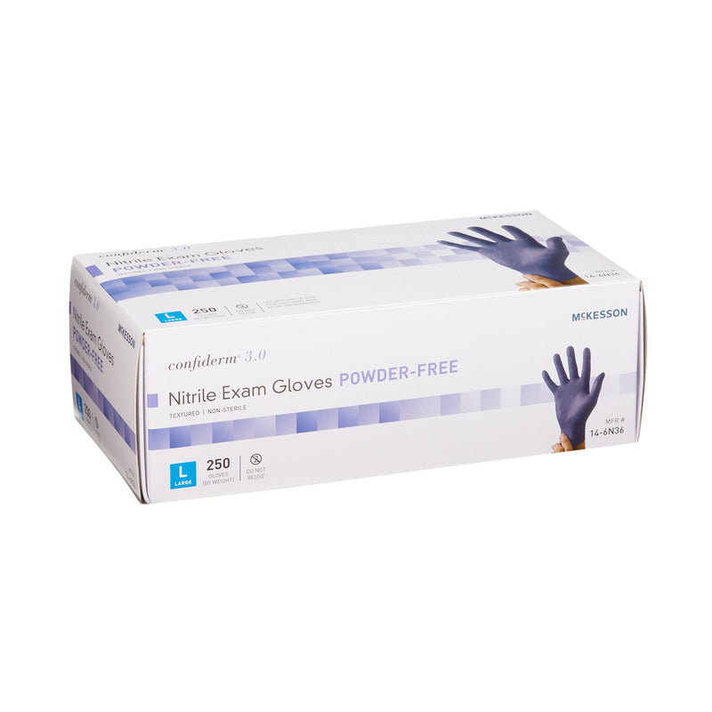 McKesson Confiderm® 3.0 Exam Glove Large NonSterile Nitrile Standard Cuff Length Textured Fingertips Blue Not Rated (957803_CS) 10/CS
