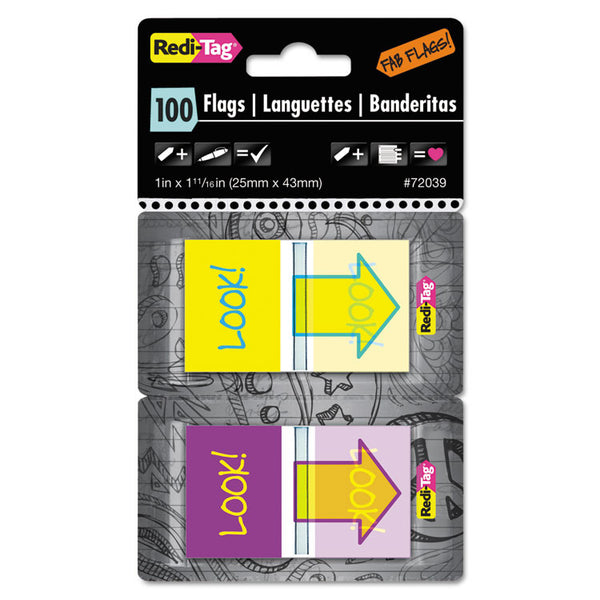 Redi-Tag® Pop-Up Fab Page Flags w/Dispenser, "Look!", Purple/Yellow; Yellow/Teal, 100/Pack (RTG72039) Pack of 100