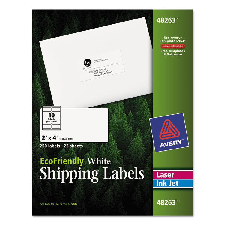 Avery® EcoFriendly Mailing Labels, Inkjet/Laser Printers, 2 x 4, White, 10/Sheet, 25 Sheets/Pack (AVE48263)