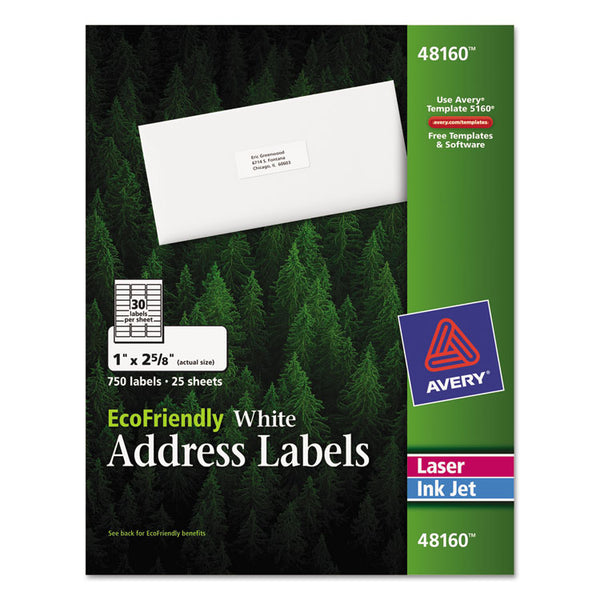 Avery® EcoFriendly Mailing Labels, Inkjet/Laser Printers, 1 x 2.63, White, 30/Sheet, 25 Sheets/Pack (AVE48160)