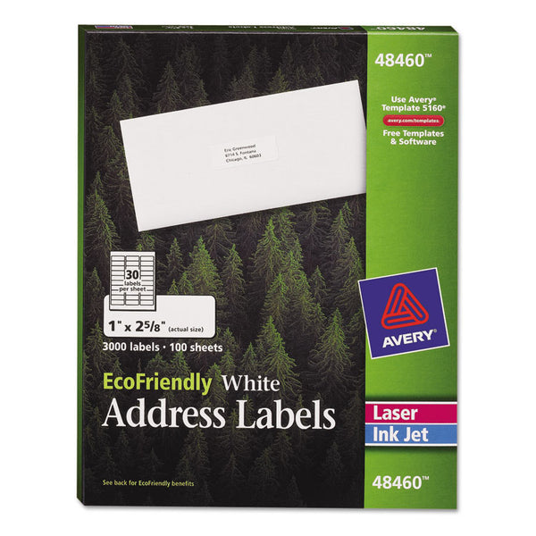 Avery® EcoFriendly Mailing Labels, Inkjet/Laser Printers, 1 x 2.63, White, 30/Sheet, 100 Sheets/Pack (AVE48460)