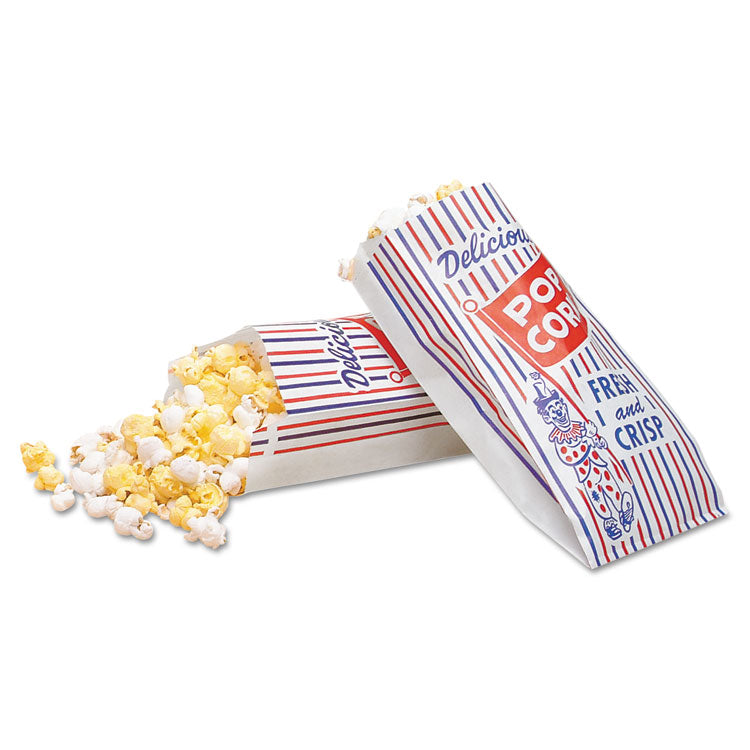 Bagcraft Pinch-Bottom Paper Popcorn Bag, 4 x 1.5 x 8, Blue/Red/White, Paper, 1,000/Carton (BGC300471) Case of 1000