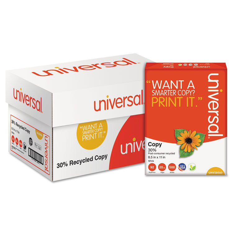 Universal® 30% Recycled Copy Paper, 92 Bright, 20 lb Bond Weight, 8.5 x 11, White, 500 Sheets/Ream, 10 Reams/Carton (UNV20030)