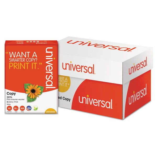 Universal® 30% Recycled Copy Paper, 92 Bright, 20 lb Bond Weight, 8.5 x 11, White, 500 Sheets/Ream, 10 Reams/Carton (UNV20030)