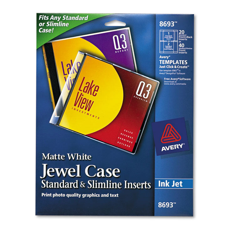 Avery® Inkjet CD/DVD Jewel Case Inserts, Matte White, 20/Pack (AVE8693)