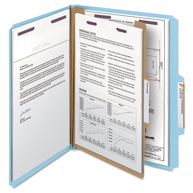 Smead™ Four-Section Pressboard Top Tab Classification Folders, Four SafeSHIELD Fasteners, 1 Divider, Letter Size, Blue, 10/Box (SMD13730)