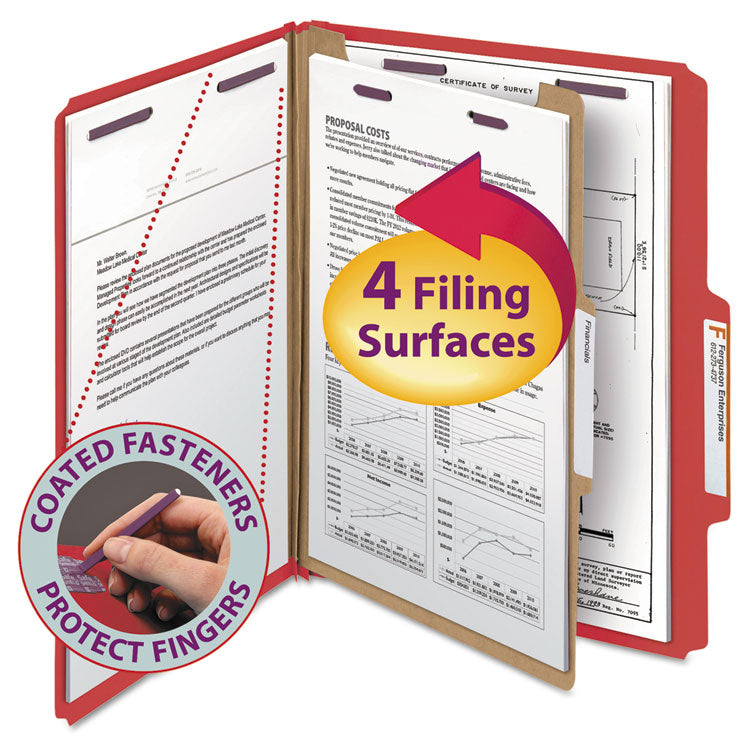 Smead™ Four-Section Pressboard Top Tab Classification Folders, Four SafeSHIELD Fasteners, 1 Divider, Letter Size, Bright Red, 10/Box (SMD13731)