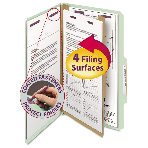 Smead™ Pressboard Classification Folders, Four SafeSHIELD Fasteners, 2/5-Cut Tabs, 1 Divider, Legal Size, Gray-Green, 10/Box (SMD18776)