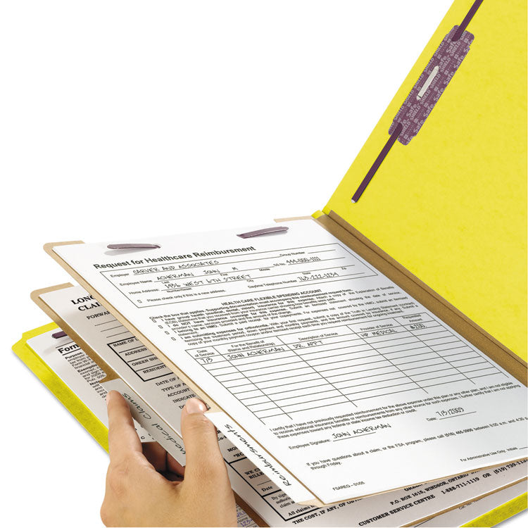 Smead™ Six-Section Pressboard Top Tab Classification Folders, Six SafeSHIELD Fasteners, 2 Dividers, Legal Size, Yellow, 10/Box (SMD19034)