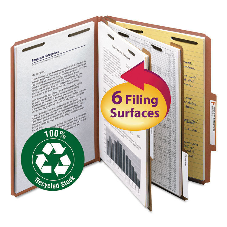 Smead™ Recycled Pressboard Classification Folders, 2" Expansion, 2 Dividers, 6 Fasteners, Letter Size, Red Exterior, 10/Box (SMD14024)