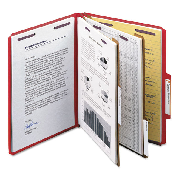 Smead™ Six-Section Pressboard Top Tab Classification Folders, Six SafeSHIELD Fasteners, 2 Dividers, Letter Size, Bright Red, 10/Box (SMD14031)