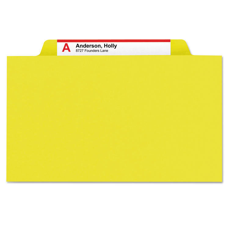 Smead™ 6-Section Pressboard Top Tab Pocket Classification Folders, 6 SafeSHIELD Fasteners, 2 Dividers, Letter Size, Yellow, 10/Box (SMD14084)