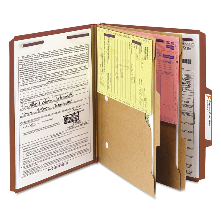 Smead™ 6-Section Pressboard Top Tab Pocket Classification Folders, 6 SafeSHIELD Fasteners, 2 Dividers, Letter Size, Red, 10/Box (SMD14079)