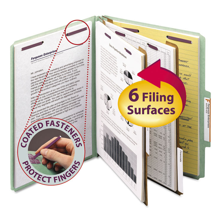 Smead™ Pressboard Classification Folders, Six SafeSHIELD Fasteners, 2/5-Cut Tabs, 2 Dividers, Letter Size, Gray-Green, 10/Box (SMD14076)