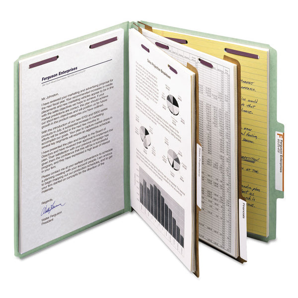 Smead™ Pressboard Classification Folders, Six SafeSHIELD Fasteners, 2/5-Cut Tabs, 2 Dividers, Letter Size, Gray-Green, 10/Box (SMD14076)