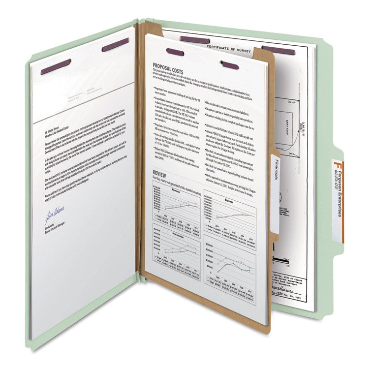 Smead™ Pressboard Classification Folders, Four SafeSHIELD Fasteners, 2/5-Cut Tabs, 1 Divider, Letter Size, Gray-Green, 10/Box (SMD13776)