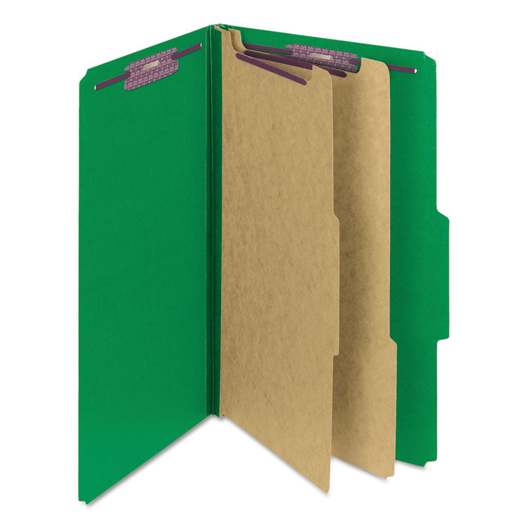 Smead™ Six-Section Pressboard Top Tab Classification Folders, Six SafeSHIELD Fasteners, 2 Dividers, Legal Size, Green, 10/Box (SMD19033)