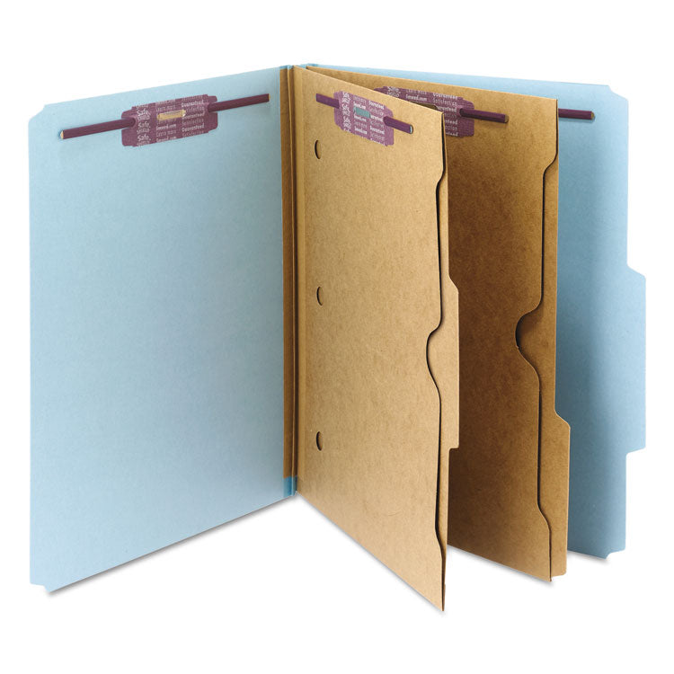 Smead™ 6-Section Pressboard Top Tab Pocket Classification Folders, 6 SafeSHIELD Fasteners, 2 Dividers, Letter Size, Blue, 10/Box (SMD14081)
