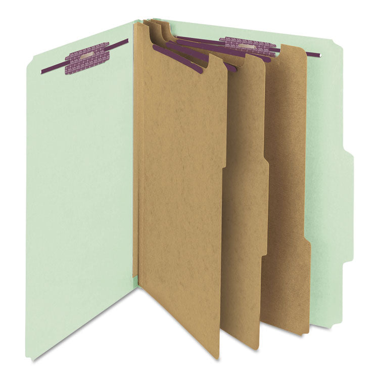 Smead™ Pressboard Classification Folders, Eight SafeSHIELD Fasteners, 2/5-Cut Tabs, 3 Dividers, Letter Size, Gray-Green, 10/Box (SMD14091)