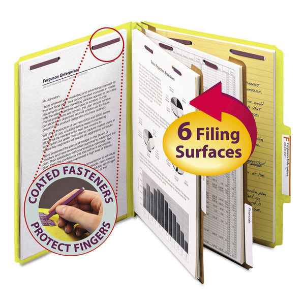 Smead™ Six-Section Pressboard Top Tab Classification Folders, Six SafeSHIELD Fasteners, 2 Dividers, Letter Size, Yellow, 10/Box (SMD14034)