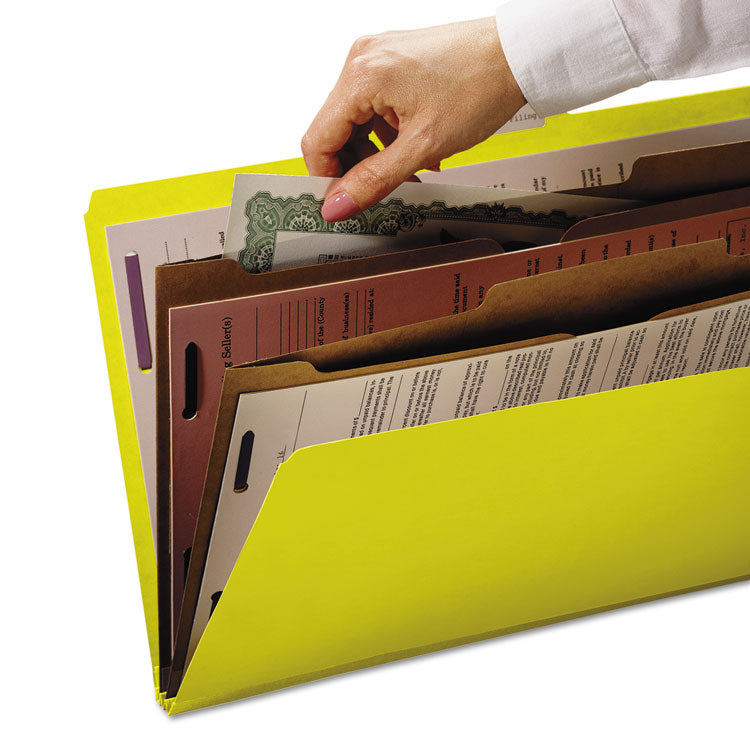 Smead™ 6-Section Pressboard Top Tab Pocket Classification Folders, 6 SafeSHIELD Fasteners, 2 Dividers, Letter Size, Yellow, 10/Box (SMD14084)