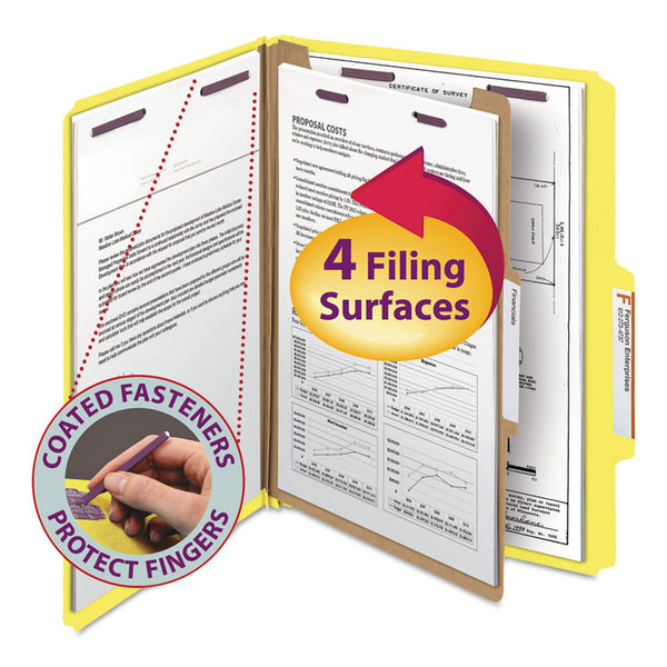 Smead™ Four-Section Pressboard Top Tab Classification Folders, Four SafeSHIELD Fasteners, 1 Divider, Letter Size, Yellow, 10/Box (SMD13734)