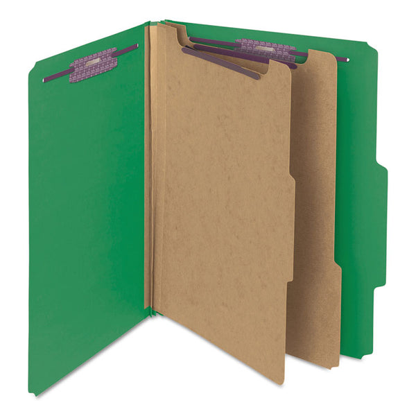 Smead™ Six-Section Pressboard Top Tab Classification Folders, Six SafeSHIELD Fasteners, 2 Dividers, Letter Size, Green, 10/Box (SMD14033)