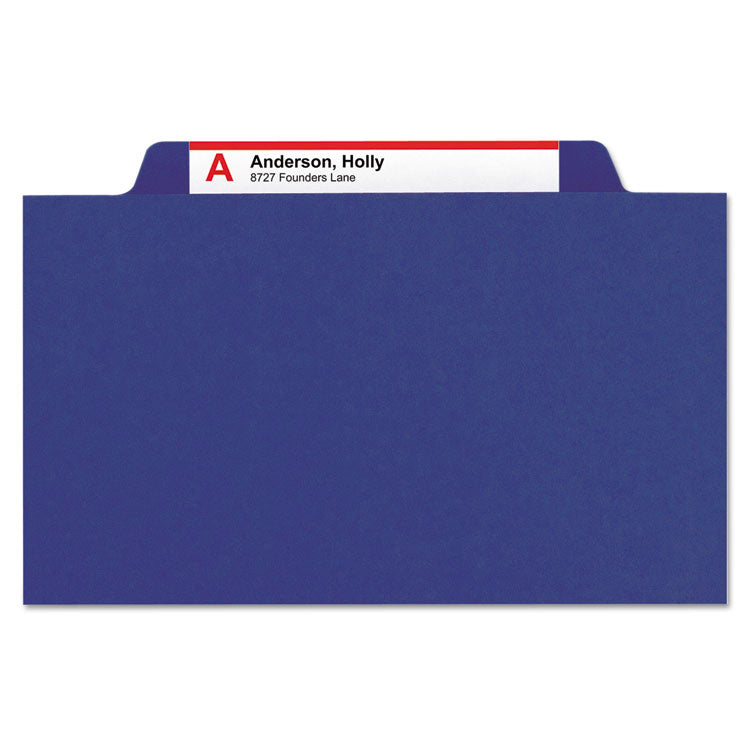 Smead™ 6-Section Pressboard Top Tab Pocket Classification Folders, 6 SafeSHIELD Fasteners, 2 Dividers, Letter Size, Dark Blue, 10/BX (SMD14077)